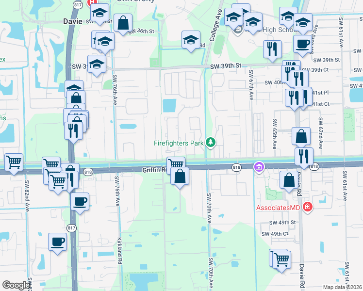 map of restaurants, bars, coffee shops, grocery stores, and more near 4350 Southwest 72nd Way in Davie