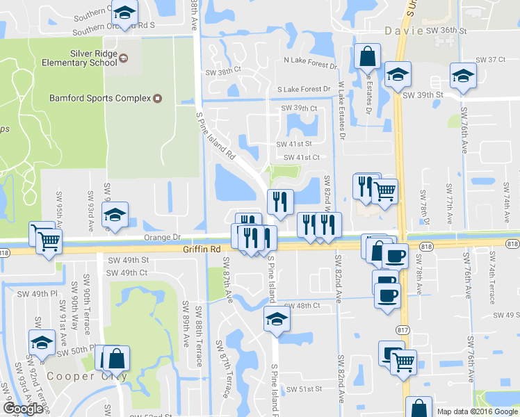 map of restaurants, bars, coffee shops, grocery stores, and more near 4402 Morgan Lane in Cooper City