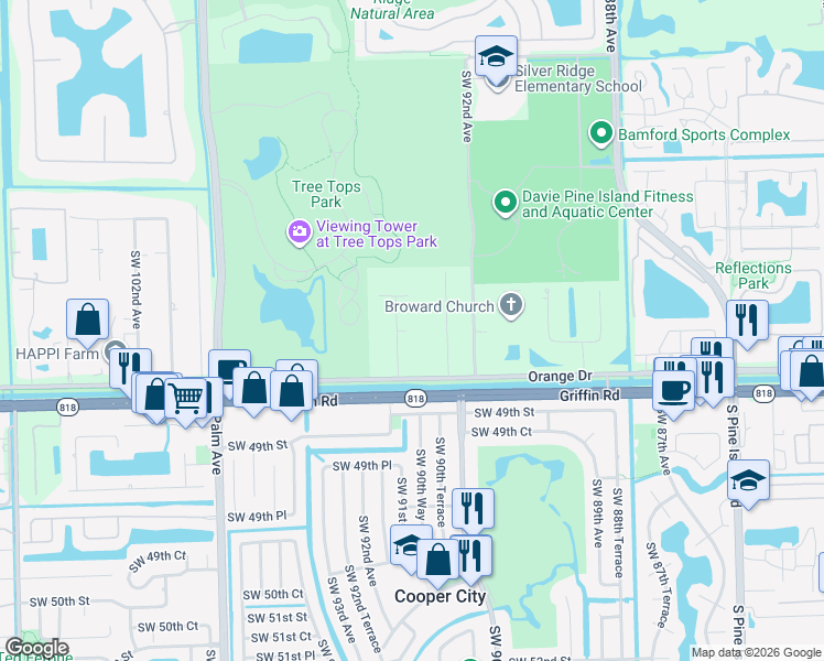 map of restaurants, bars, coffee shops, grocery stores, and more near 9029 Southwest 51st Street in Cooper City