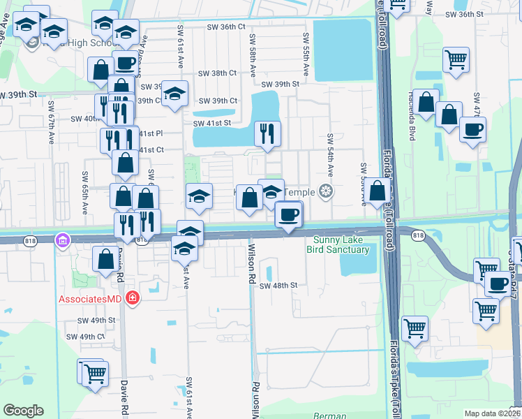 map of restaurants, bars, coffee shops, grocery stores, and more near 5730 Southwest 44th Street in Davie
