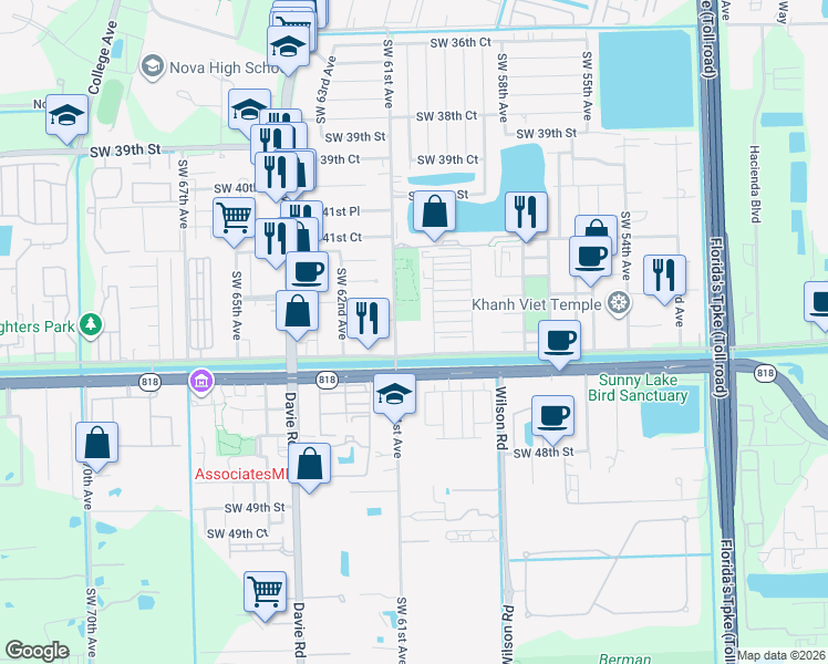 map of restaurants, bars, coffee shops, grocery stores, and more near 4400 Southwest 61st Avenue in Davie