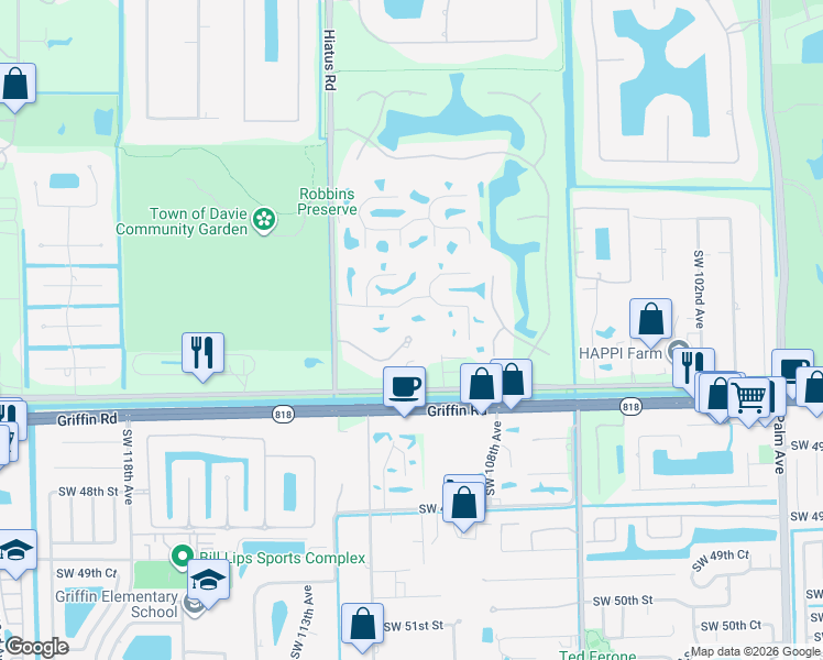 map of restaurants, bars, coffee shops, grocery stores, and more near 11001 Blackhawk Boulevard in Davie