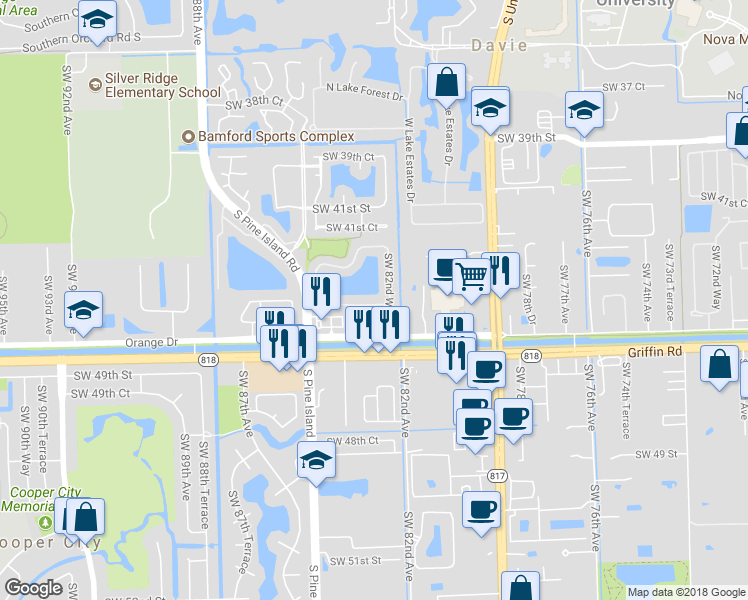 map of restaurants, bars, coffee shops, grocery stores, and more near 8301 Southwest 44th Place in Davie