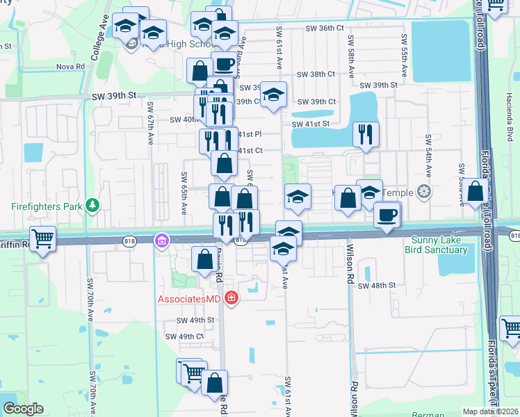 map of restaurants, bars, coffee shops, grocery stores, and more near 6140 Southwest 44th Street in Davie