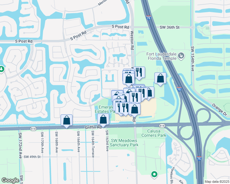 map of restaurants, bars, coffee shops, grocery stores, and more near 16101 Emerald Estates Drive in Weston