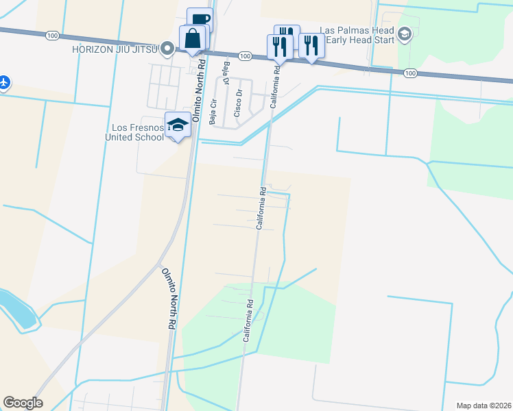 map of restaurants, bars, coffee shops, grocery stores, and more near 33828 California Road in Los Fresnos