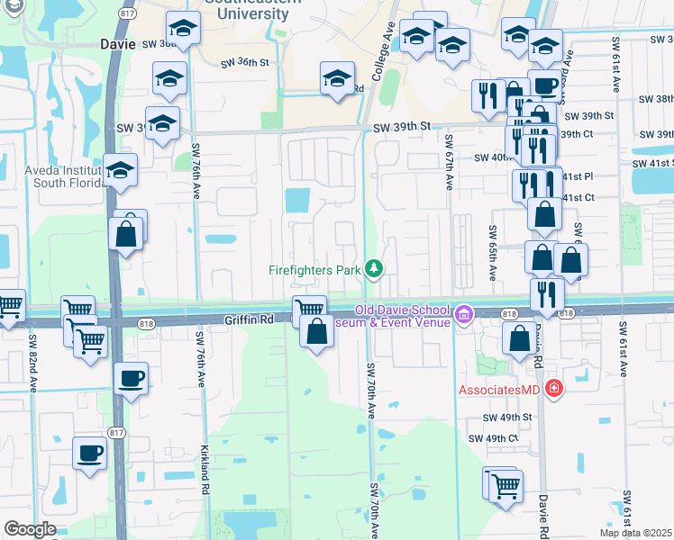 map of restaurants, bars, coffee shops, grocery stores, and more near 7175 Orange Drive in Davie
