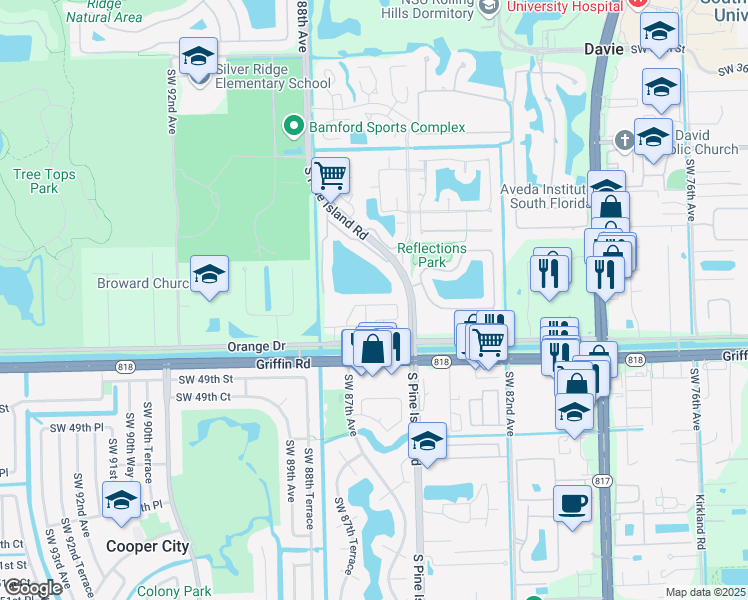 map of restaurants, bars, coffee shops, grocery stores, and more near 8621 Buckskin Manor in Cooper City
