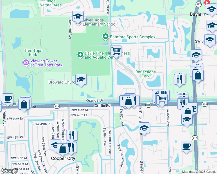 map of restaurants, bars, coffee shops, grocery stores, and more near 4440 Estates Road in Davie