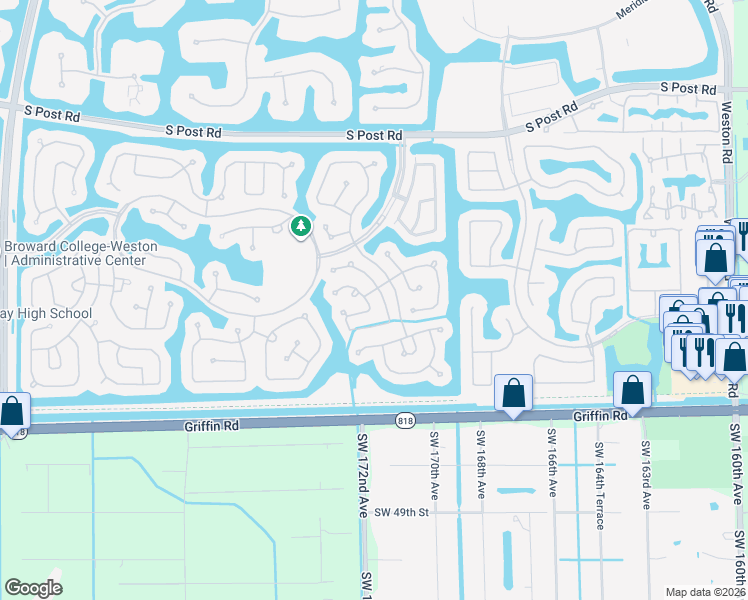 map of restaurants, bars, coffee shops, grocery stores, and more near 4097 Pine Ridge Lane in Weston