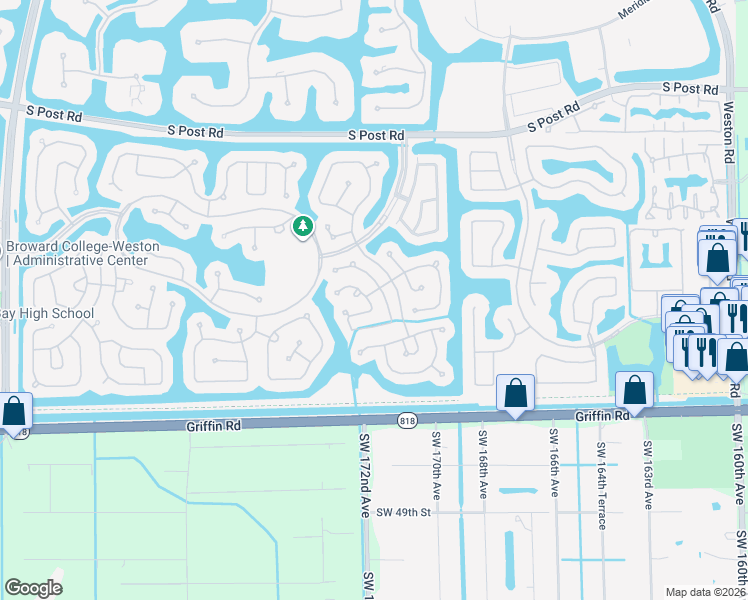 map of restaurants, bars, coffee shops, grocery stores, and more near 4097 Pine Ridge Lane in Weston