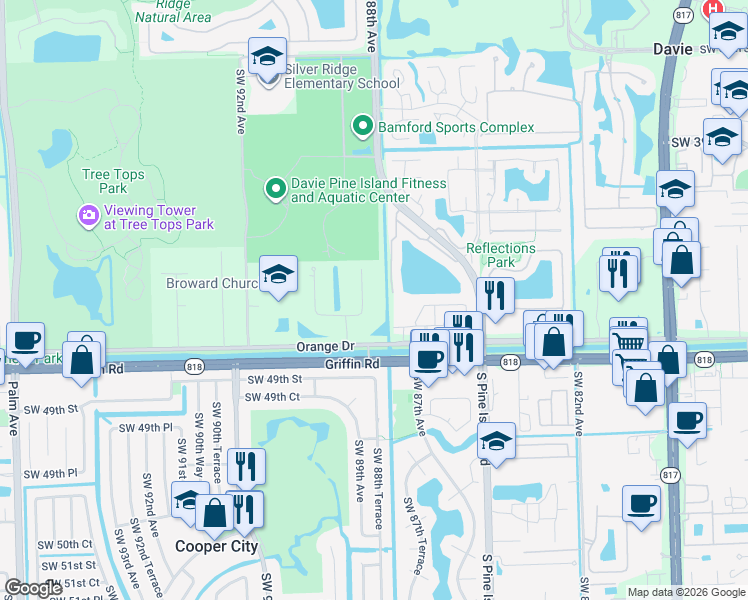 map of restaurants, bars, coffee shops, grocery stores, and more near 4440 Estates Road in Davie