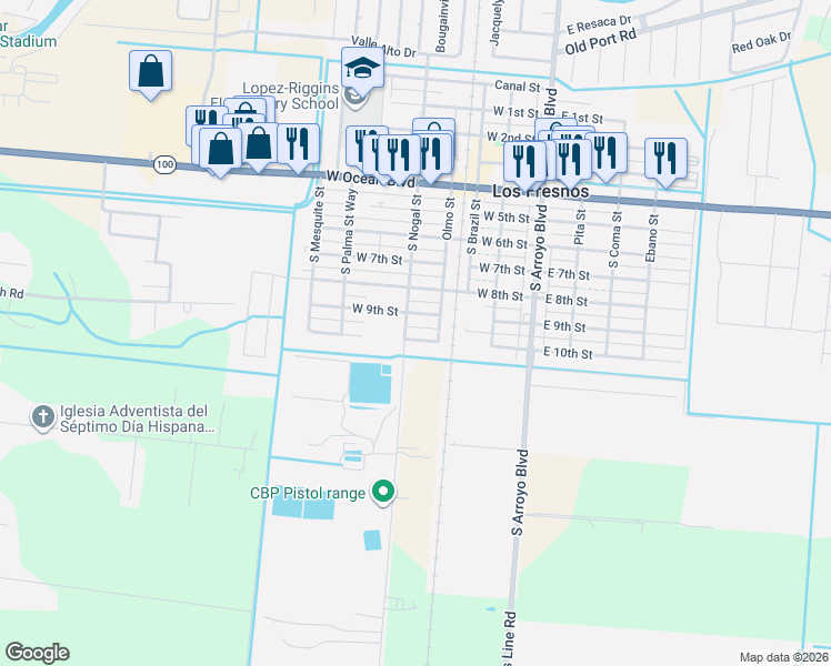map of restaurants, bars, coffee shops, grocery stores, and more near 301 W 9th St in Los Fresnos
