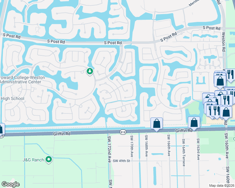 map of restaurants, bars, coffee shops, grocery stores, and more near 4097 Pine Ridge Lane in Weston