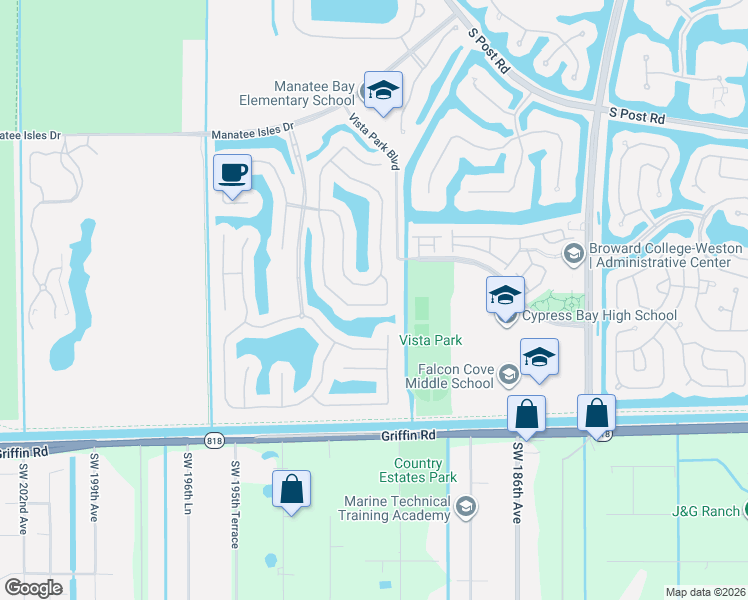map of restaurants, bars, coffee shops, grocery stores, and more near 19143 South Gardenia Avenue in Weston