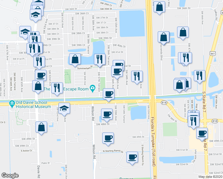 map of restaurants, bars, coffee shops, grocery stores, and more near 4399 Southwest 56th Avenue in Davie