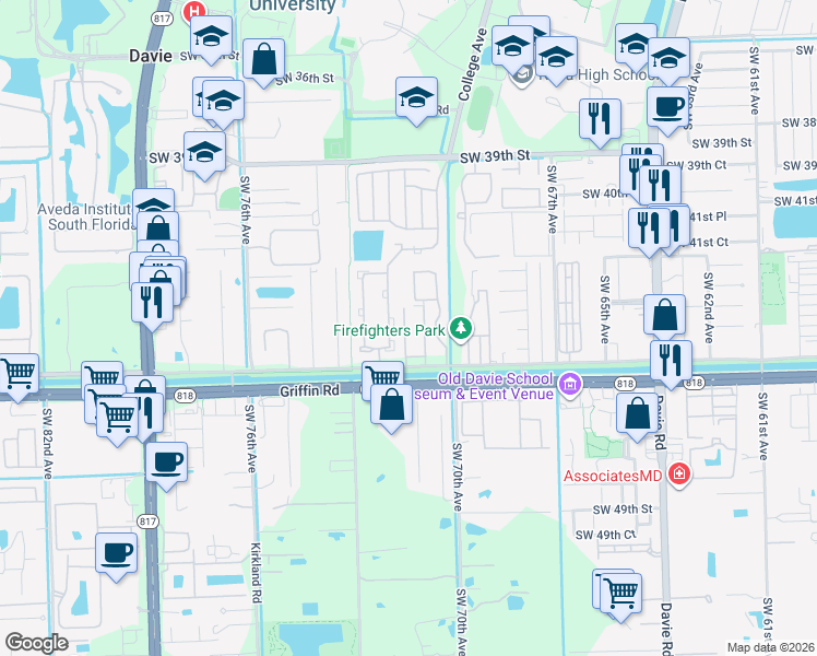 map of restaurants, bars, coffee shops, grocery stores, and more near 4350 Southwest 72nd Way in Davie