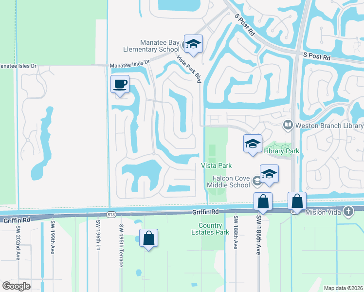 map of restaurants, bars, coffee shops, grocery stores, and more near 19143 South Gardenia Avenue in Weston