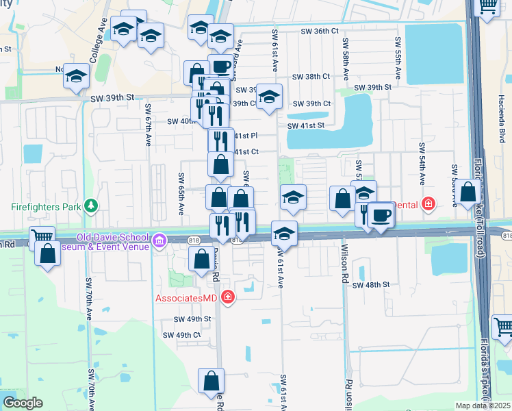 map of restaurants, bars, coffee shops, grocery stores, and more near 6140 Southwest 44th Street in Davie