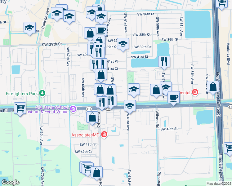 map of restaurants, bars, coffee shops, grocery stores, and more near 6140 Southwest 44th Street in Davie