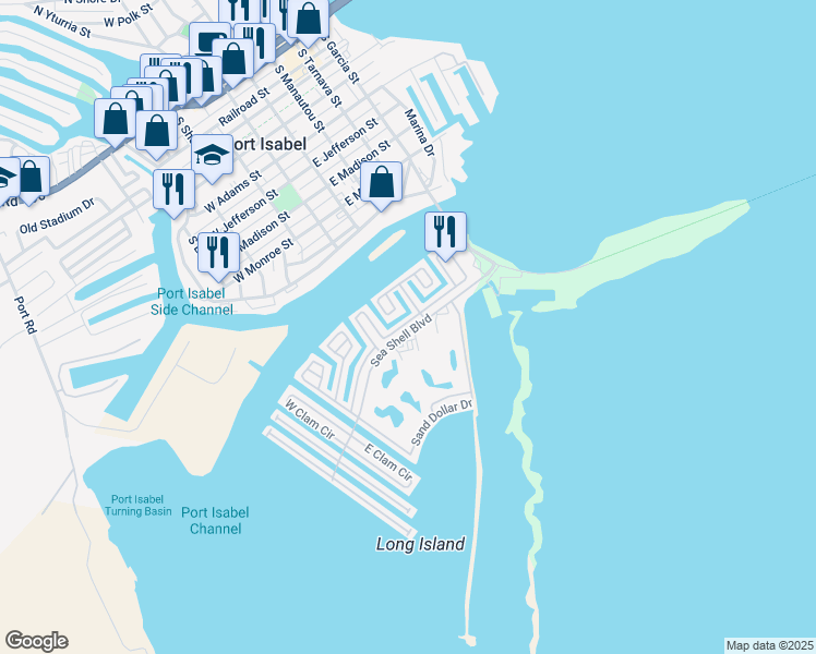 map of restaurants, bars, coffee shops, grocery stores, and more near 22 Conch Drive in Port Isabel