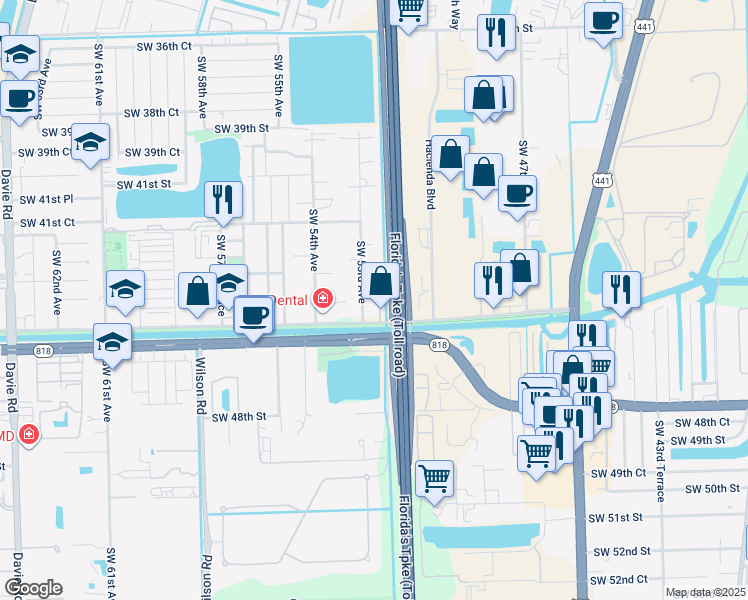 map of restaurants, bars, coffee shops, grocery stores, and more near 4350 Southwest 53rd Avenue in Davie