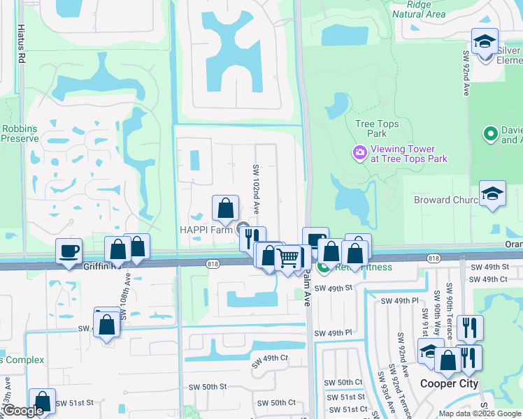 map of restaurants, bars, coffee shops, grocery stores, and more near 4330 Southwest 102nd Avenue in Davie