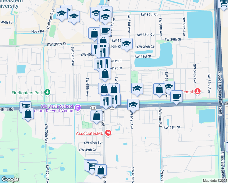 map of restaurants, bars, coffee shops, grocery stores, and more near 4341 Southwest 62nd Avenue in Davie