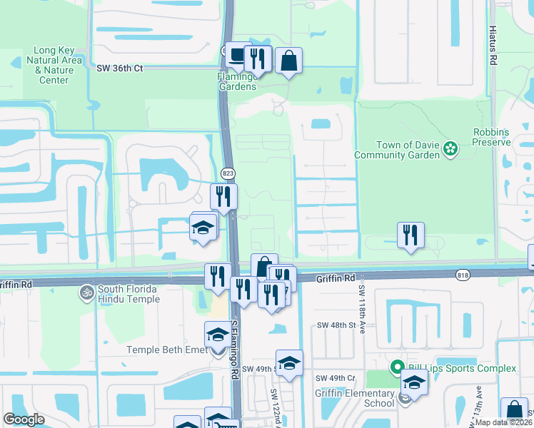 map of restaurants, bars, coffee shops, grocery stores, and more near Northwest 121st Terrace in Davie