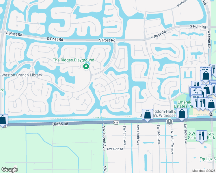 map of restaurants, bars, coffee shops, grocery stores, and more near 4097 Pine Ridge Lane in Weston