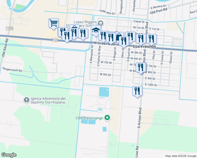map of restaurants, bars, coffee shops, grocery stores, and more near 512 West 10th Street in Los Fresnos