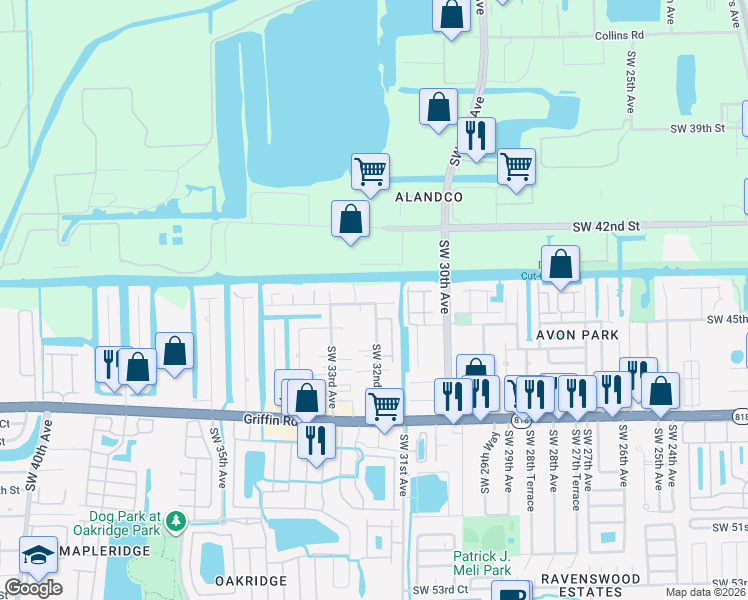 map of restaurants, bars, coffee shops, grocery stores, and more near 4411 Southwest 32nd Avenue in Fort Lauderdale