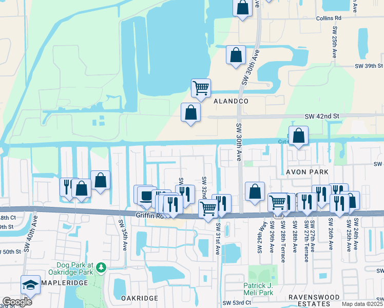 map of restaurants, bars, coffee shops, grocery stores, and more near 3271 Southwest 44th Street in Fort Lauderdale