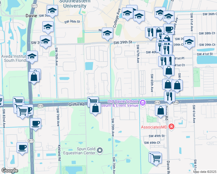 map of restaurants, bars, coffee shops, grocery stores, and more near 4349 Southwest 70th Terrace in Davie