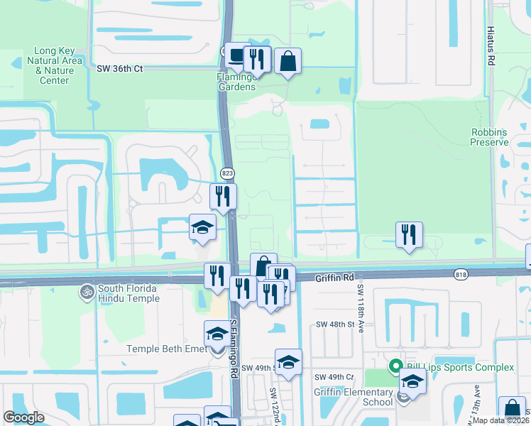 map of restaurants, bars, coffee shops, grocery stores, and more near Northwest 121st Terrace in Davie