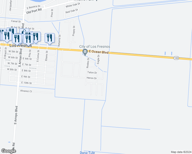 map of restaurants, bars, coffee shops, grocery stores, and more near 680 Texas 100 in Port Isabel