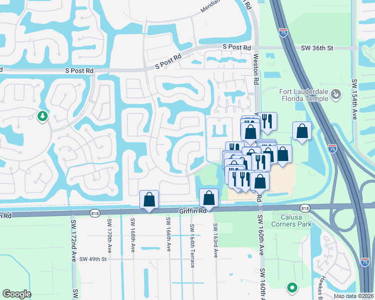 map of restaurants, bars, coffee shops, grocery stores, and more near 16409 Sapphire Drive in Weston