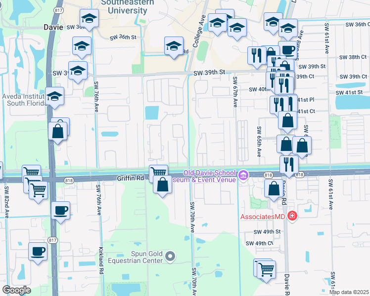 map of restaurants, bars, coffee shops, grocery stores, and more near 4349 Southwest 70th Terrace in Davie