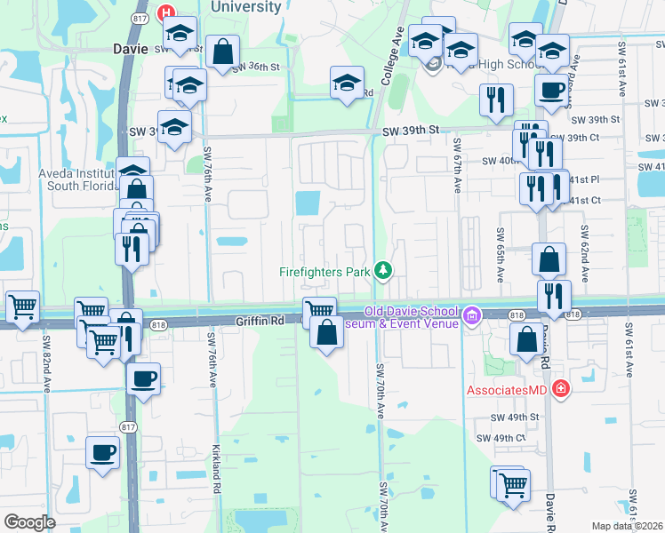 map of restaurants, bars, coffee shops, grocery stores, and more near 4350 Southwest 72nd Way in Davie