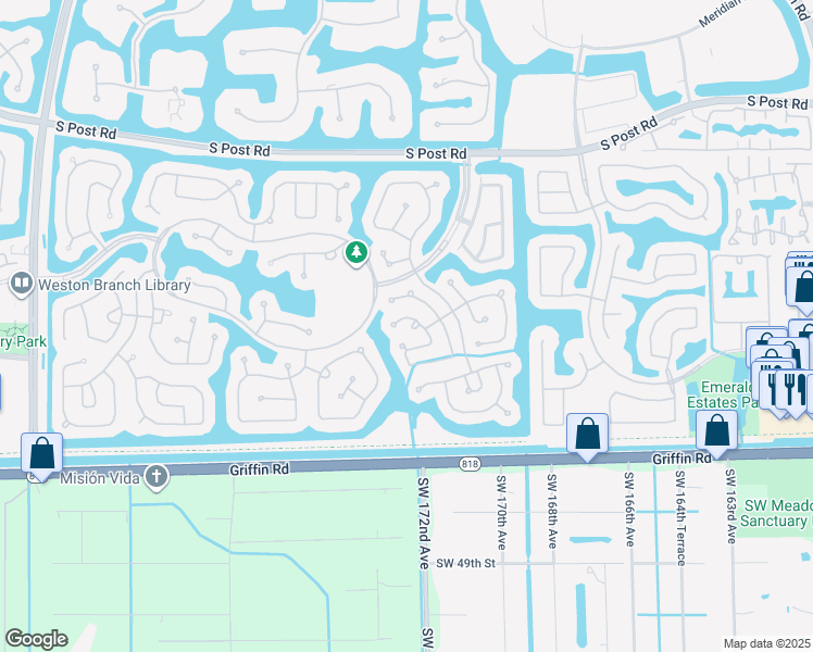 map of restaurants, bars, coffee shops, grocery stores, and more near 4340 Pine Ridge Court in Weston