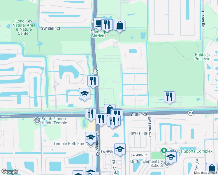 map of restaurants, bars, coffee shops, grocery stores, and more near Northwest 121st Terrace in Davie