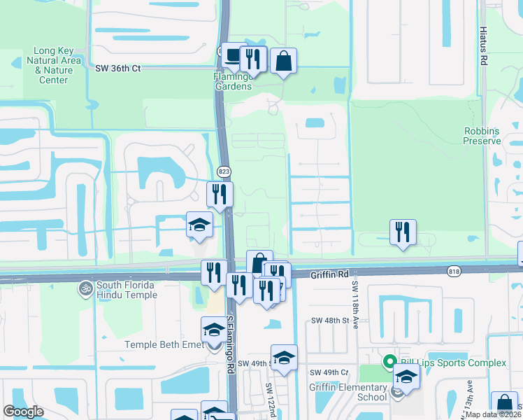 map of restaurants, bars, coffee shops, grocery stores, and more near Northwest 121st Terrace in Davie