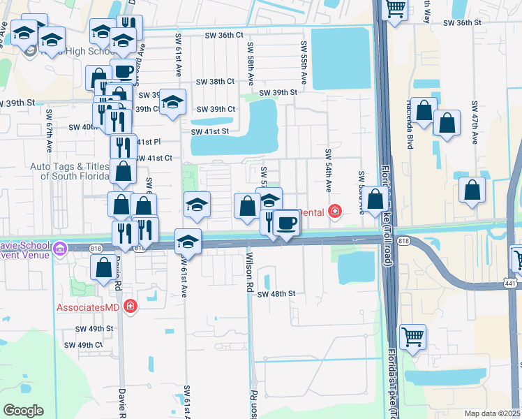 map of restaurants, bars, coffee shops, grocery stores, and more near 5730 Southwest 44th Street in Davie