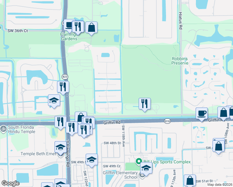 map of restaurants, bars, coffee shops, grocery stores, and more near 11825 Green Oak Drive in Davie