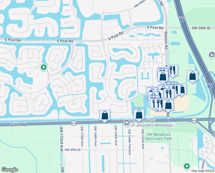 map of restaurants, bars, coffee shops, grocery stores, and more near 4153 Sapphire Terrace in Weston
