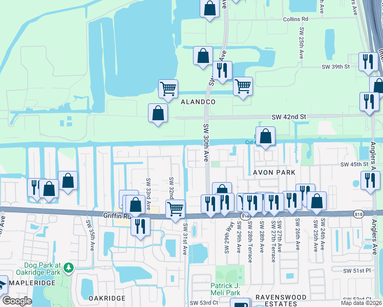 map of restaurants, bars, coffee shops, grocery stores, and more near 3070 Southwest 44th Street in Fort Lauderdale