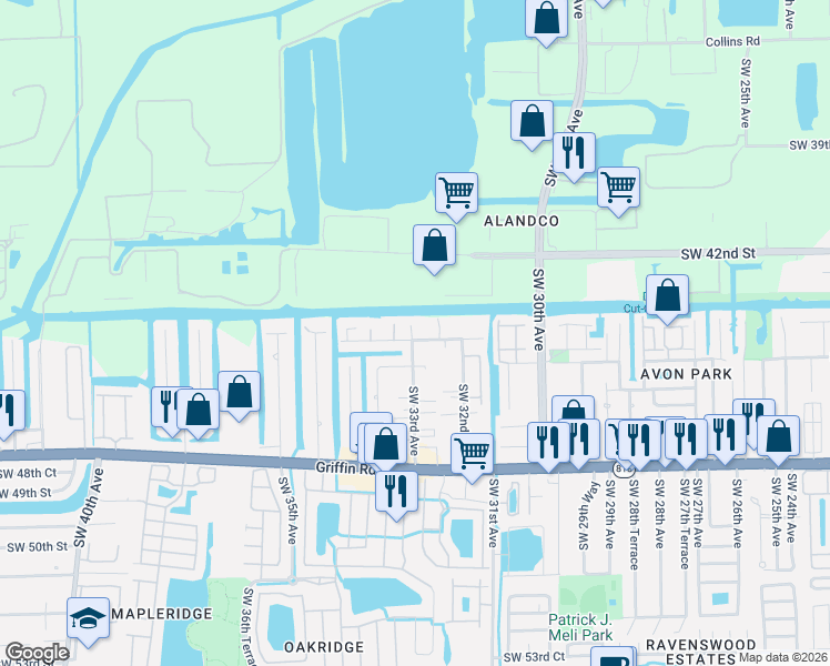 map of restaurants, bars, coffee shops, grocery stores, and more near 3271 Southwest 44th Street in Fort Lauderdale