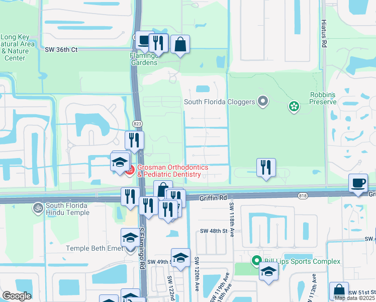map of restaurants, bars, coffee shops, grocery stores, and more near 11937 Green Oak Drive in Davie