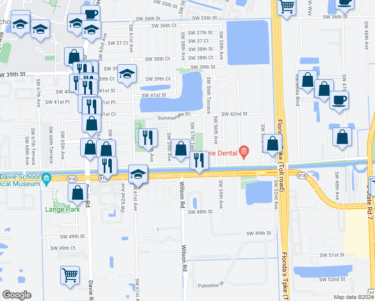 map of restaurants, bars, coffee shops, grocery stores, and more near 5730 Southwest 44th Street in Davie