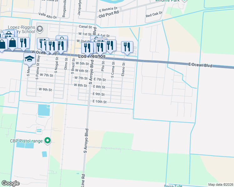 map of restaurants, bars, coffee shops, grocery stores, and more near 309 East 9th Street in Los Fresnos